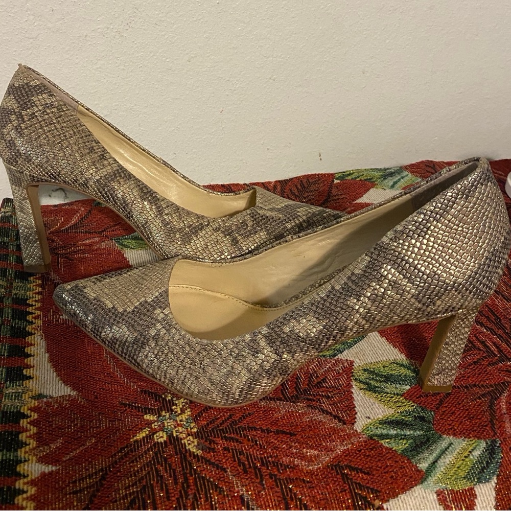 Vince Camuto Snake-Print Pointed Toe Pumps in Beige Taupe